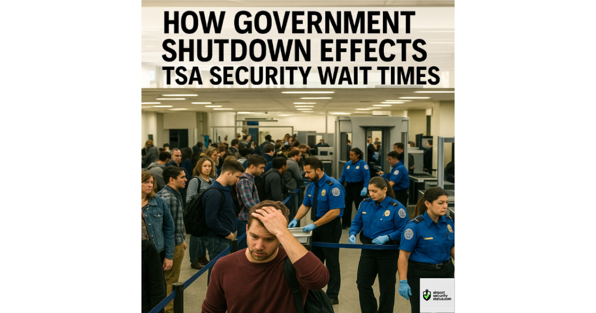 A crowded airport security checkpoint with TSA officers screening passengers. A frustrated traveler rubs his forehead while waiting in line. Large bold text above reads: “Ho